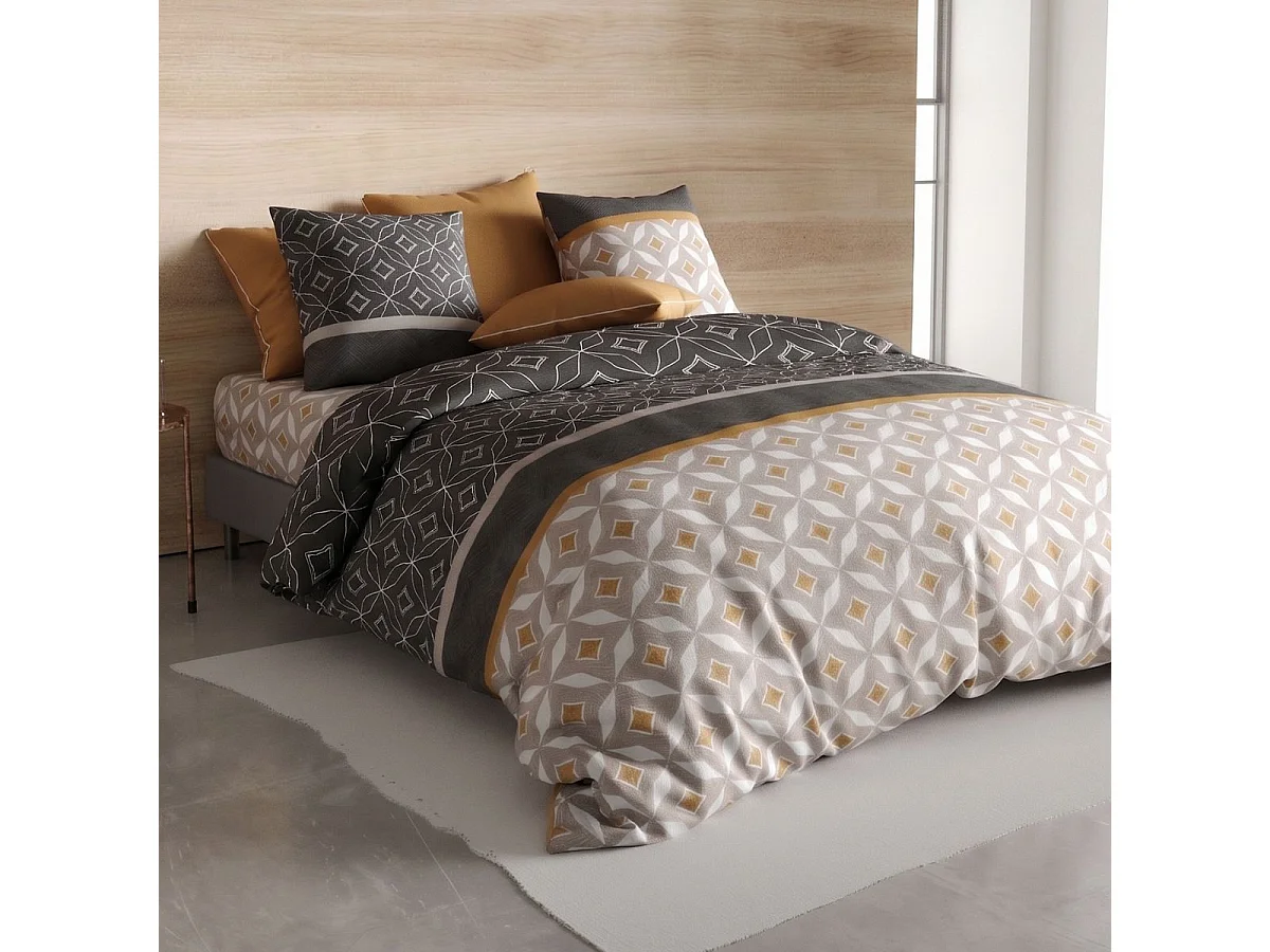 Parure housse de couette 240x220cm + 2 taies motif graphique taupe et jaune 100% coton - ORLADO