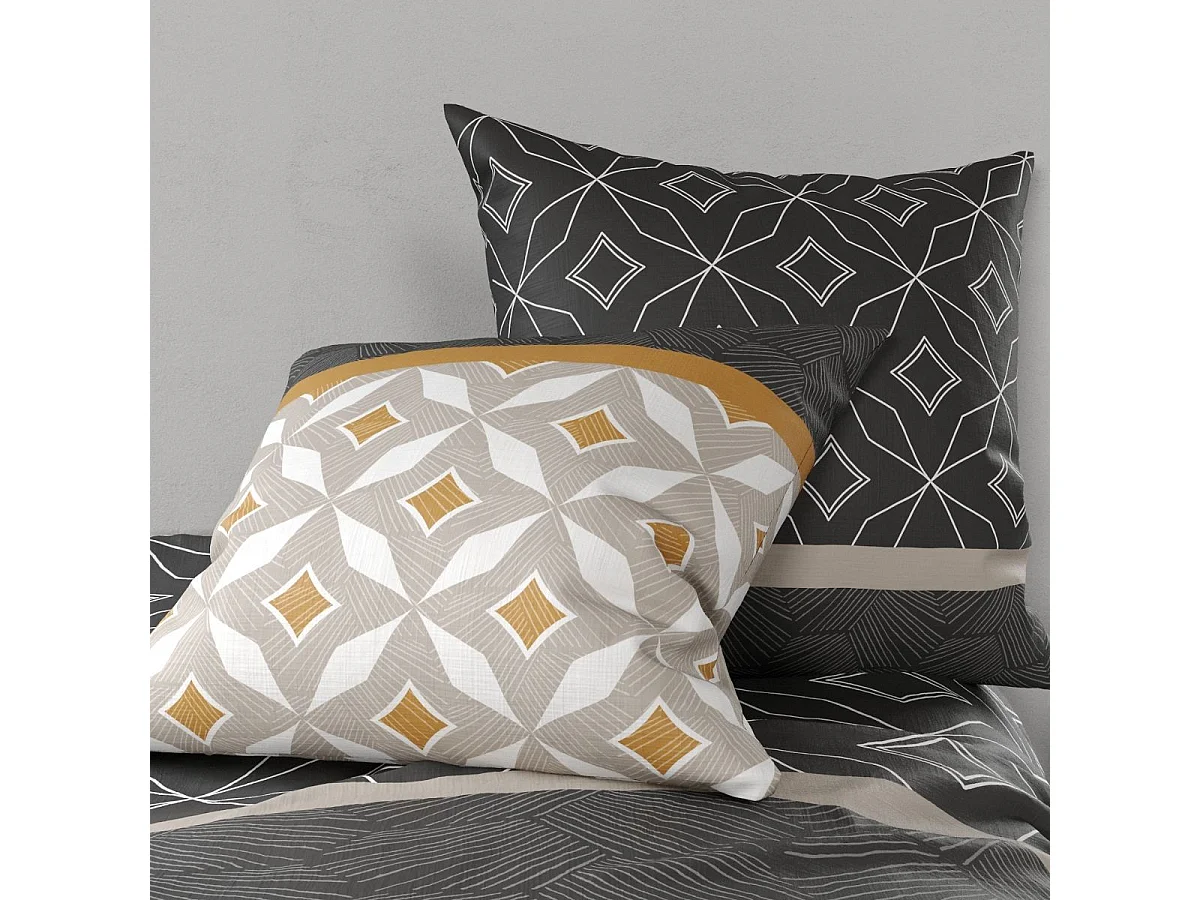 Parure housse de couette 240x220cm + 2 taies motif graphique taupe et jaune 100% coton - ORLADO