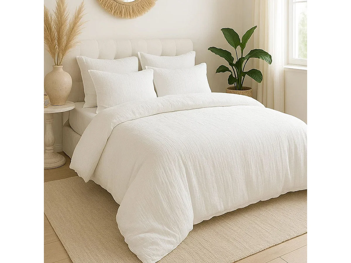 Parure housse de couette 240x220cm + 2 taies 100% gaze de microfibre uni blanc pur - NATHEA