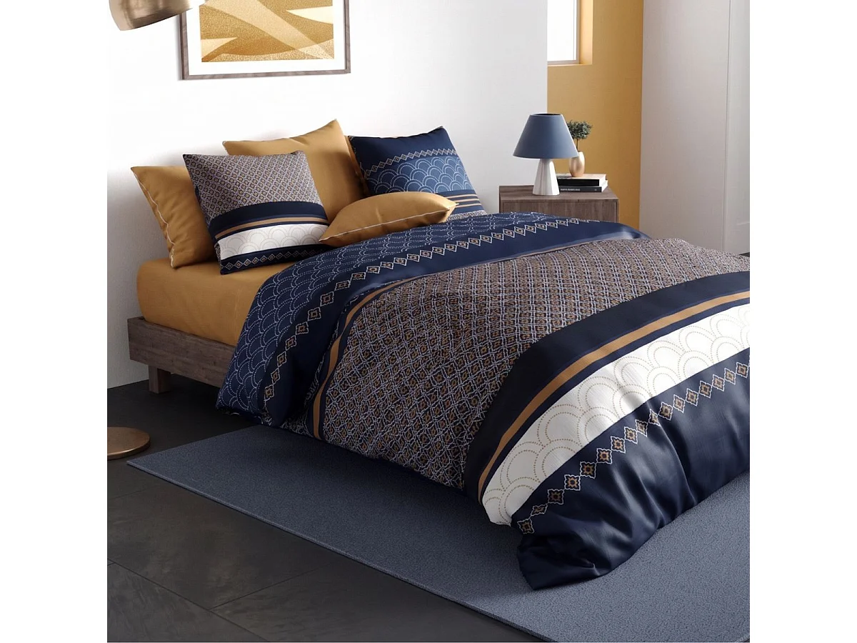 Parure housse de couette 260x240cm + 2 taies motif graphique blanc bleu et jaune 100% coton - OLYPSIA