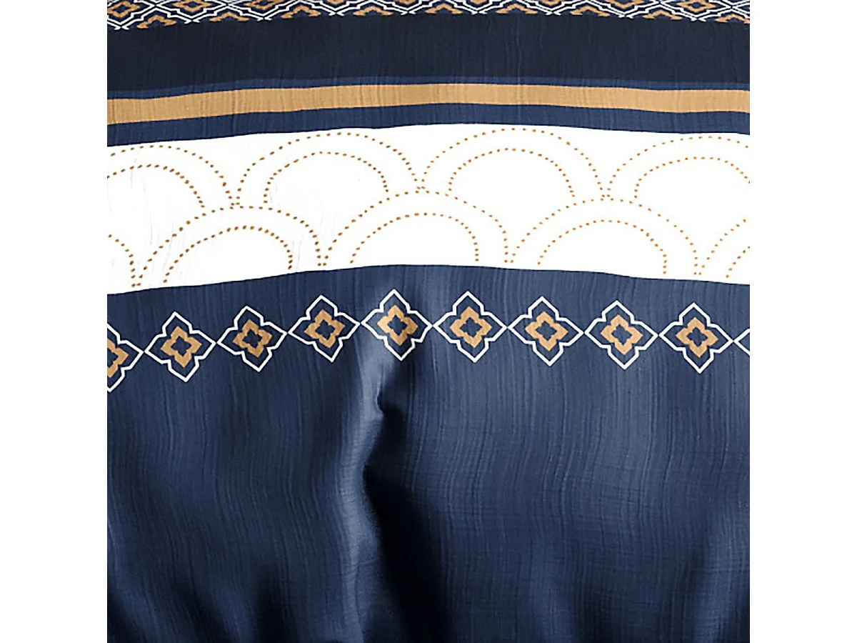 Parure housse de couette 260x240cm + 2 taies motif graphique blanc bleu et jaune 100% coton - OLYPSIA