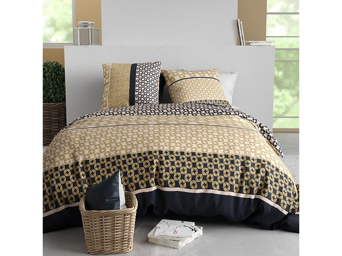 Parure housse de couette 260x240cm + 2 taies motif géométrique beige et noir 100% coton - MELUSINE