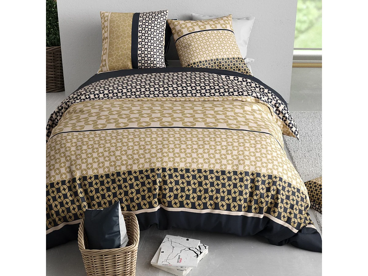 Parure housse de couette 260x240cm + 2 taies motif géométrique beige et noir 100% coton - MELUSINE