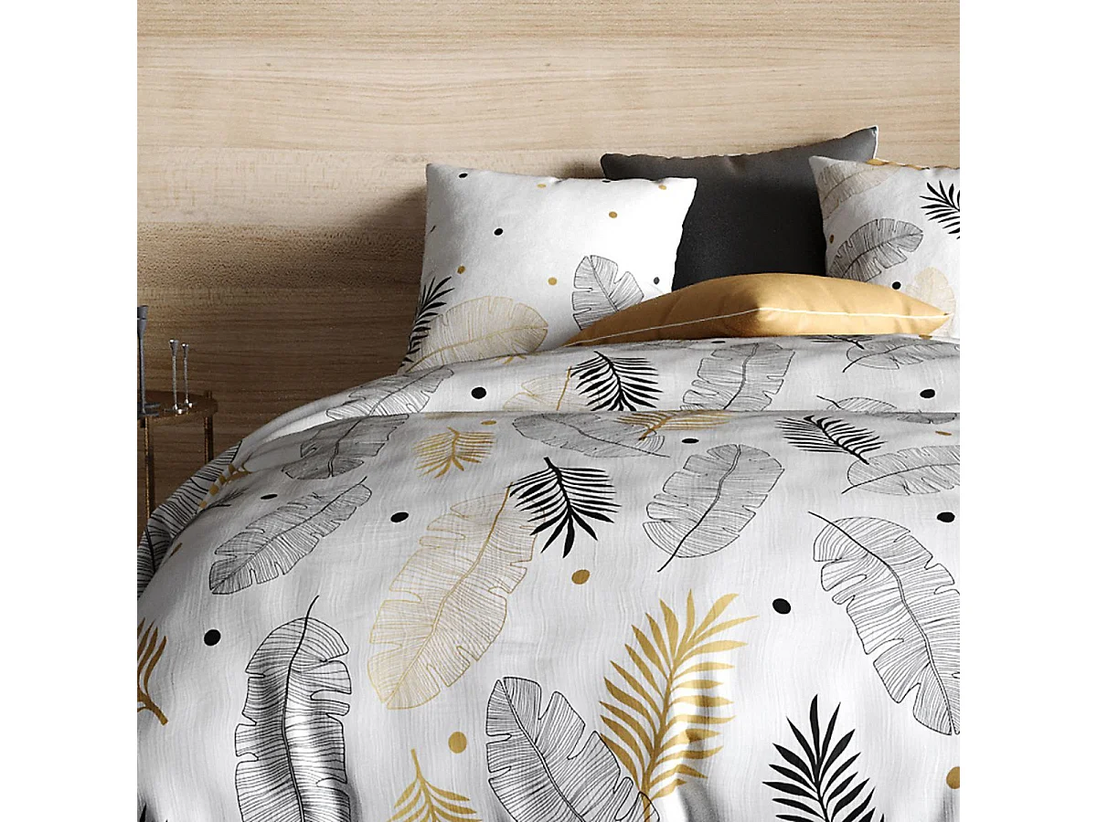 Parure housse de couette 240x220cm + 2 taies motif feuillage blanc, noir et or 100% coton - VOLKIA