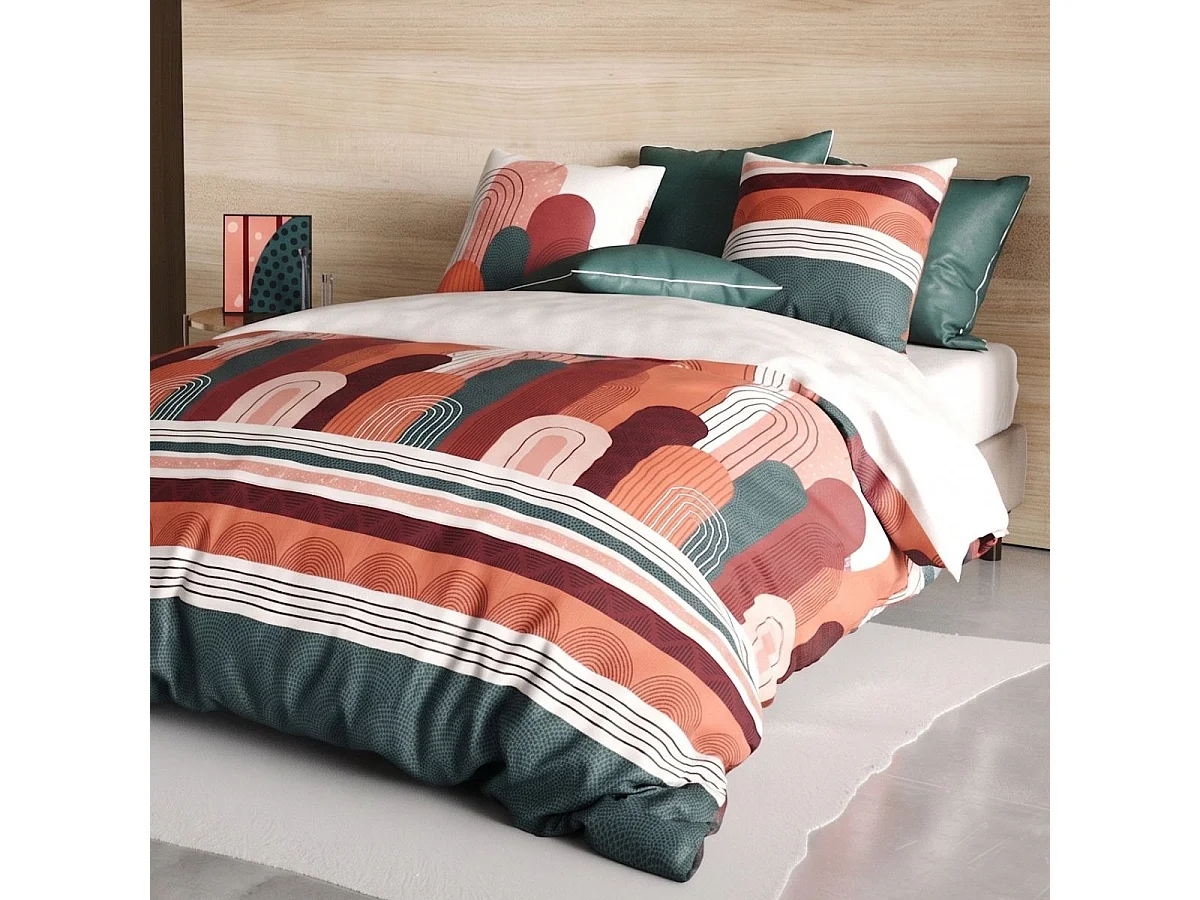 Parure housse de couette 260x240cm + 2 taies motif rétro terracotta et vert  100% coton  - OLGA