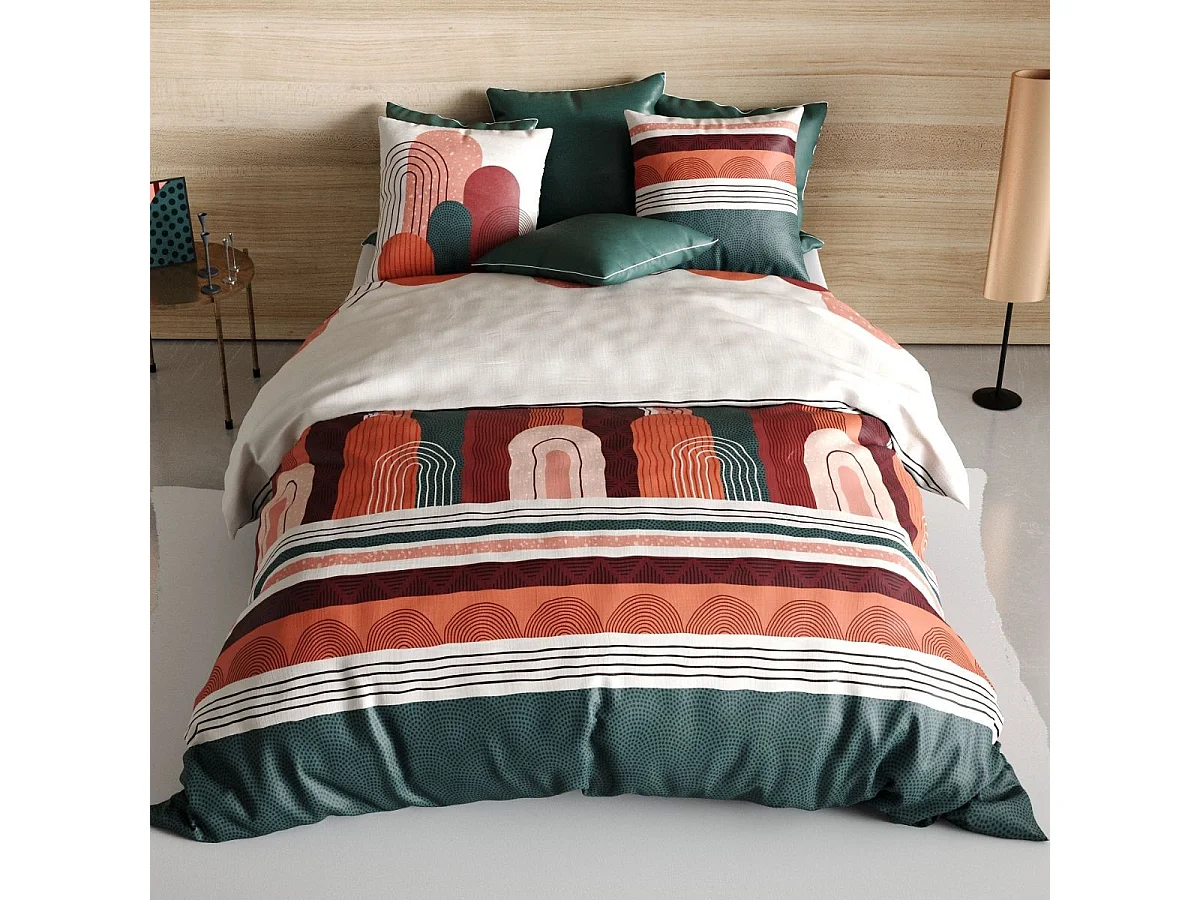Parure housse de couette 260x240cm + 2 taies motif rétro terracotta et vert  100% coton  - OLGA