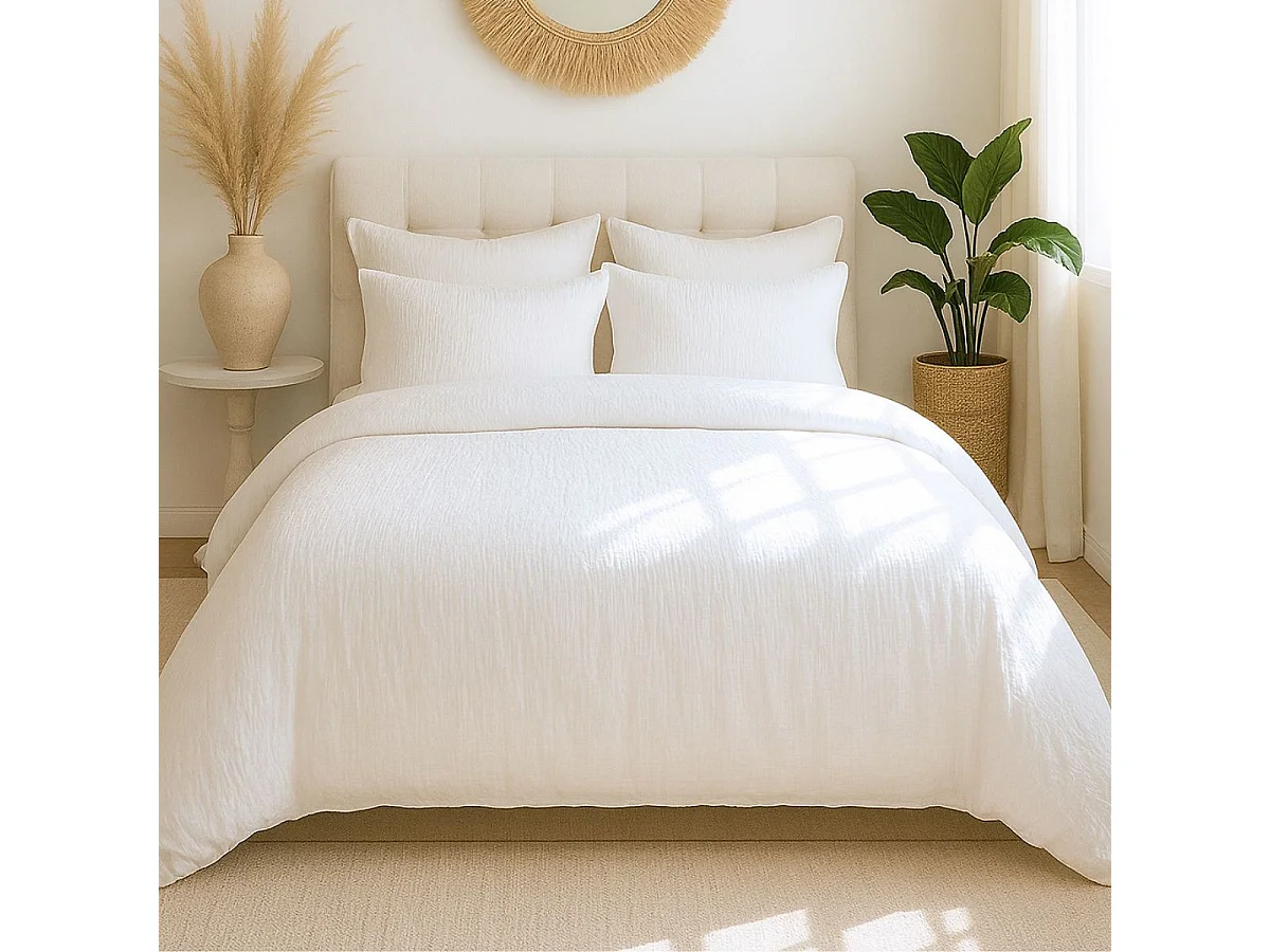 Parure housse de couette 260x240cm + 2 taies 100% gaze de microfibre uni blanc pur - NATHEA