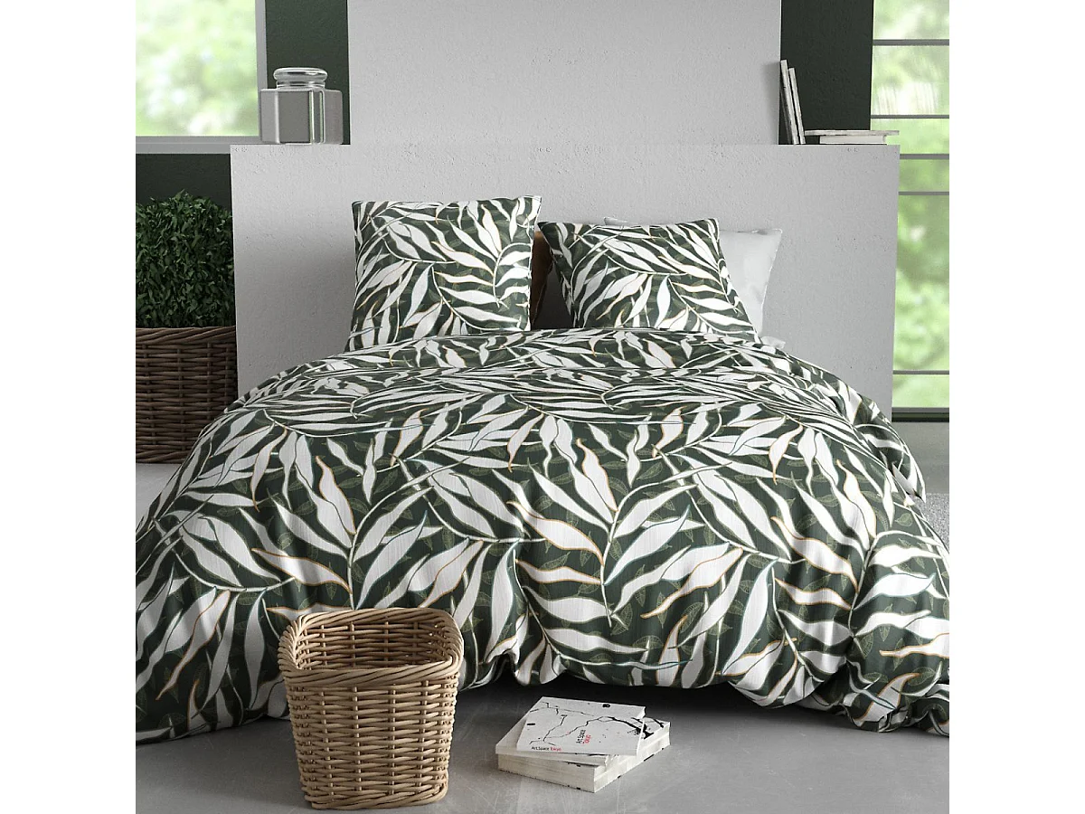 Parure housse de couette 260x240cm + 2 taies motif feuillage vert et blanc 100% coton - FILIBERTE