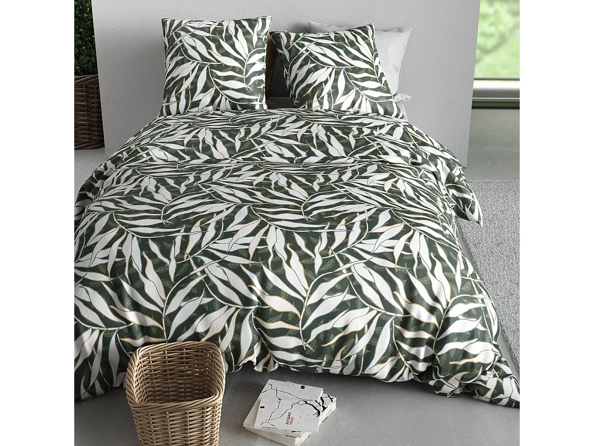 Parure housse de couette 260x240cm + 2 taies motif feuillage vert et blanc 100% coton - FILIBERTE