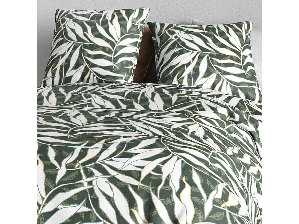 Parure housse de couette 260x240cm + 2 taies motif feuillage vert et blanc 100% coton - FILIBERTE