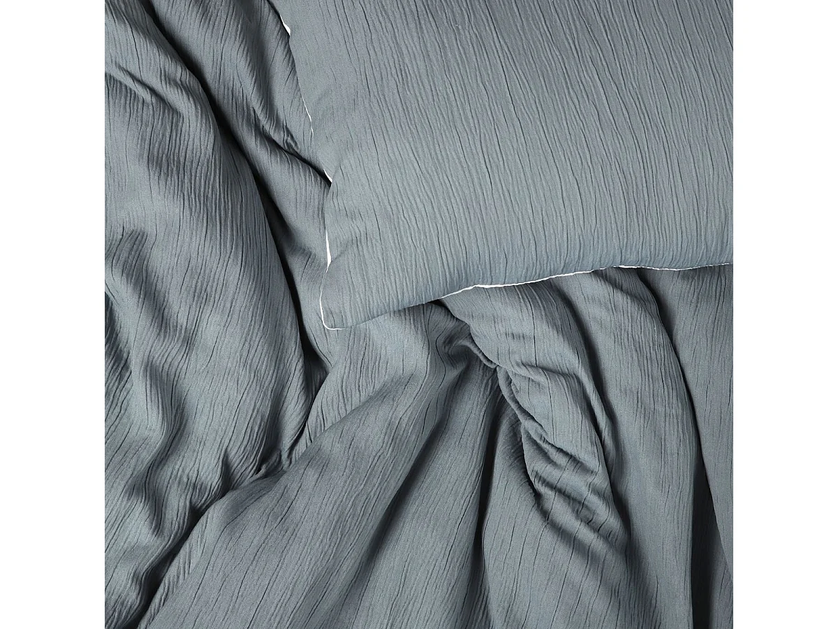 Parure housse de couette 260x240cm + 2 taies 100% gaze de microfibre uni bleu pétrole et blanc - NATHEA