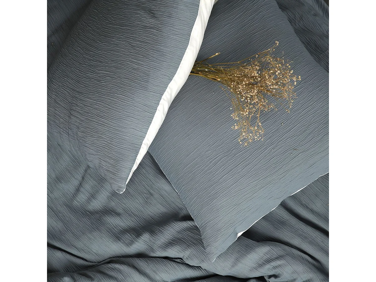 Parure housse de couette 260x240cm + 2 taies 100% gaze de microfibre uni bleu pétrole et blanc - NATHEA
