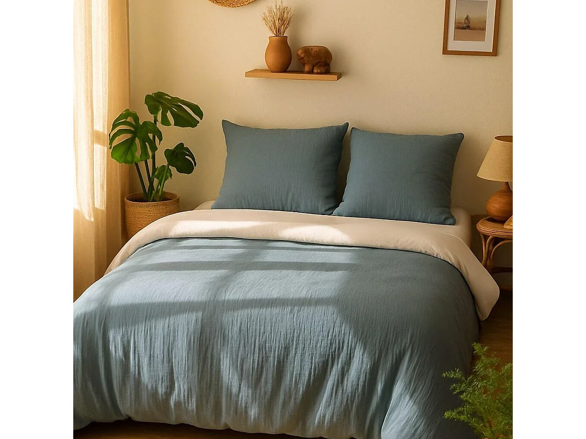 Parure housse de couette 240x220cm + 2 taies 100% gaze de microfibre uni bleu pétrole et blanc - NATHEA