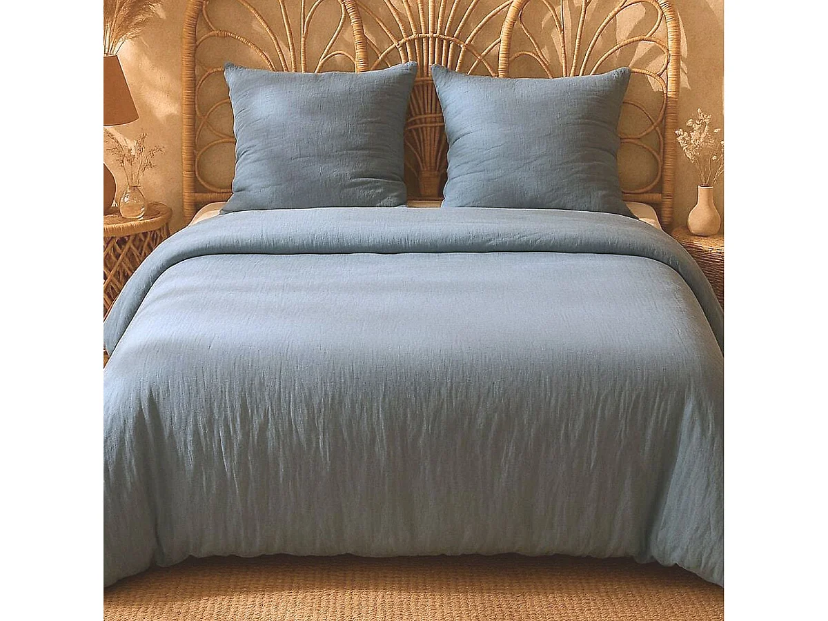 Parure housse de couette 260x240cm + 2 taies 100% gaze de microfibre uni bleu pétrole - NATHEA