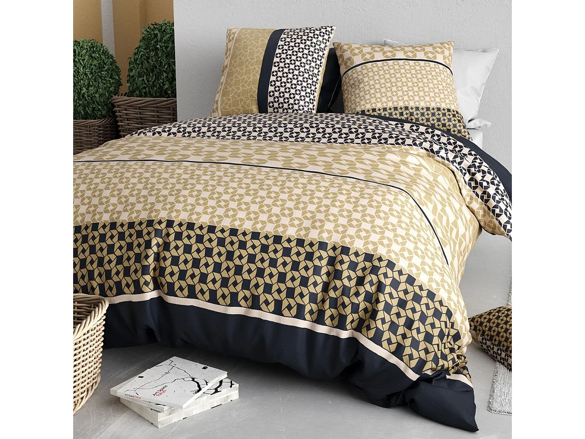 Parure housse de couette 240x220cm + 2 taies motif géométrique beige et noir 100% coton - MELUSINE