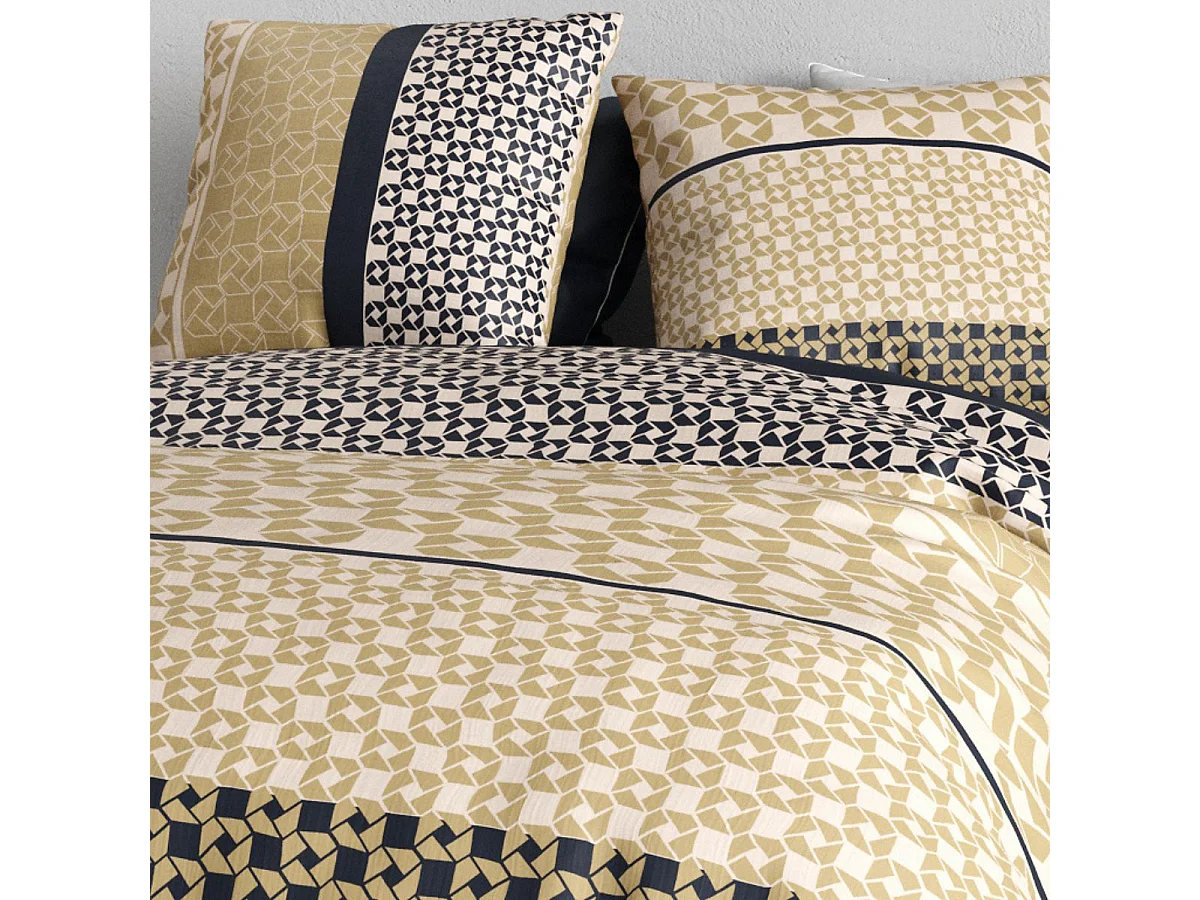 Parure housse de couette 240x220cm + 2 taies motif géométrique beige et noir 100% coton - MELUSINE