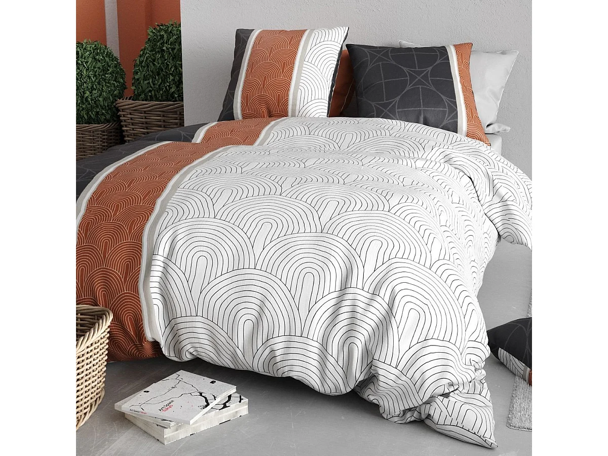 Parure housse de couette 240x220cm + 2 taies motif feuillage graphique bleu et rouge 100% coton - COSMIA