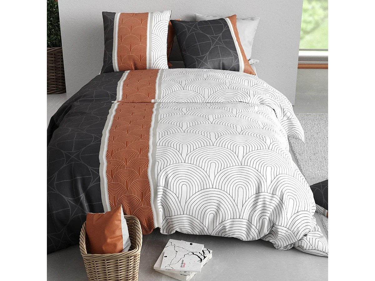Parure housse de couette 240x220cm + 2 taies motif feuillage graphique bleu et rouge 100% coton - COSMIA