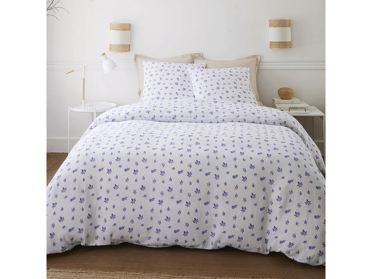 Parure housse de couette 260x240cm + 2 taies motif olivier beige et bleu 100% gaze de coton - ANGUSSE