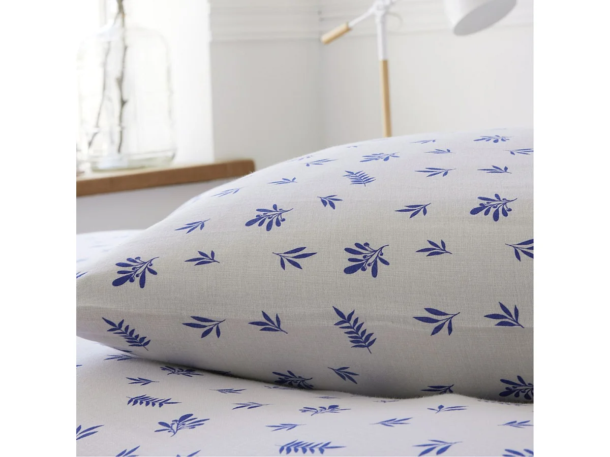 Parure housse de couette 260x240cm + 2 taies motif olivier beige et bleu 100% gaze de coton - ANGUSSE