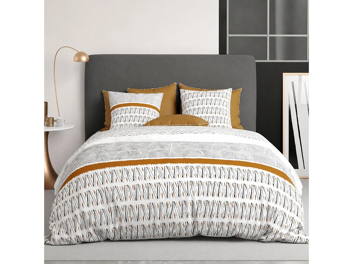 Parure housse de couette 260x240cm + 2 taies motif graphique blanc, noir et jaune 100% coton - SELINA