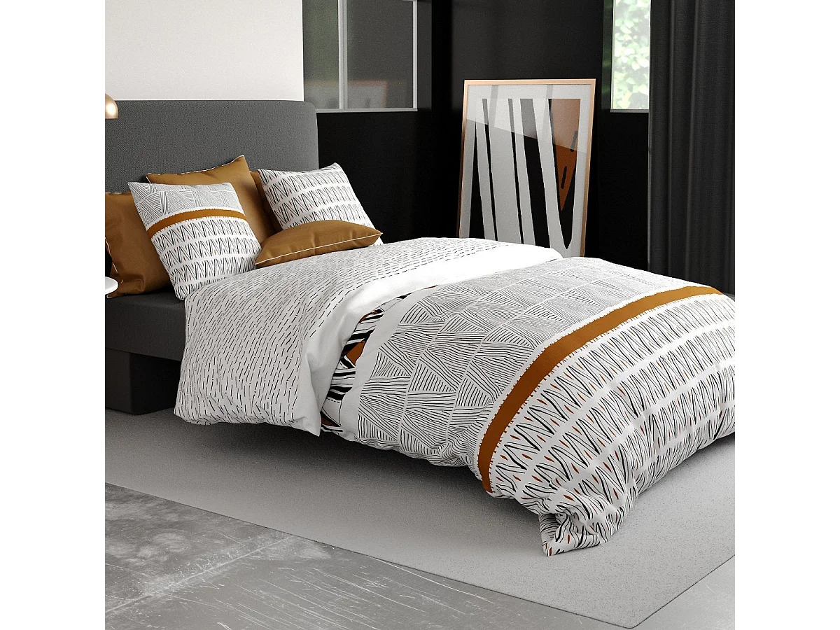 Parure housse de couette 260x240cm + 2 taies motif graphique blanc, noir et jaune 100% coton - SELINA