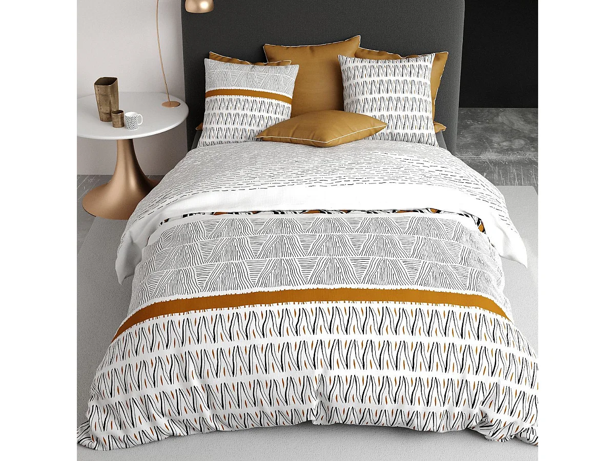 Parure housse de couette 260x240cm + 2 taies motif graphique blanc, noir et jaune 100% coton - SELINA