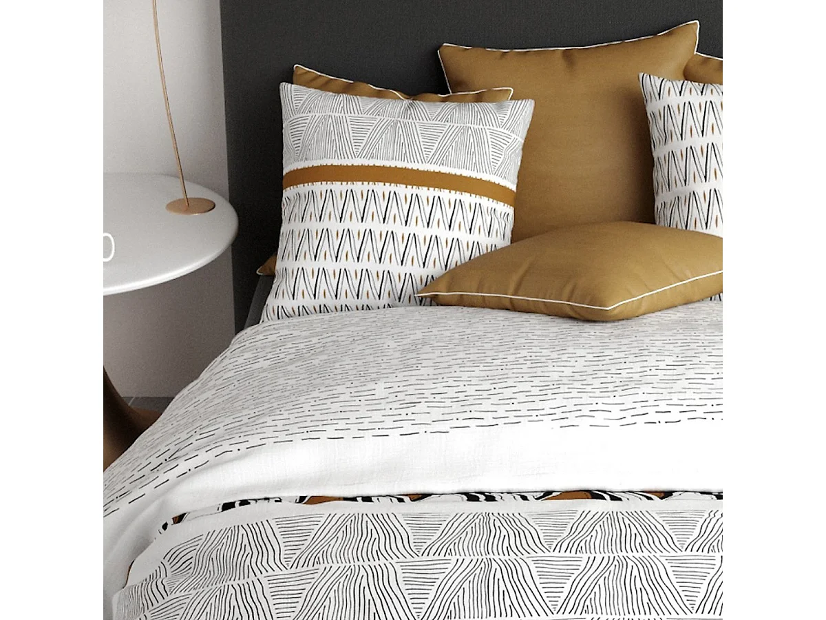 Parure housse de couette 260x240cm + 2 taies motif graphique blanc, noir et jaune 100% coton - SELINA