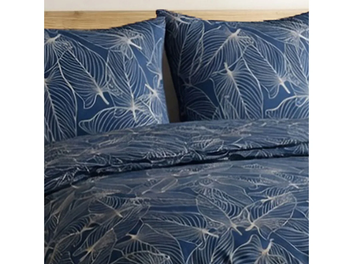 Parure housse de couette 240x220cm + 2 taies motif feuilles bleu et beige 100% coton - MELDA