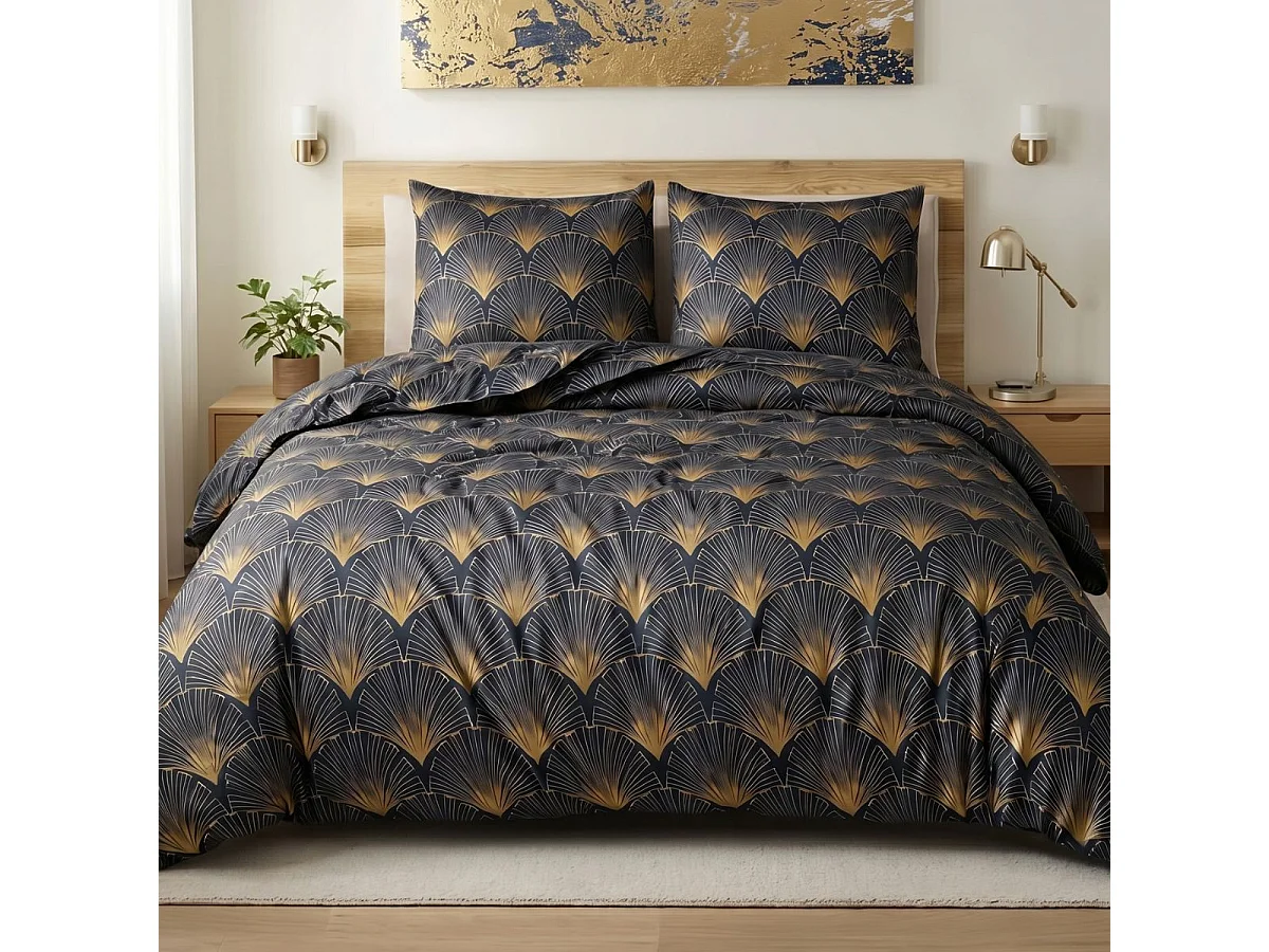 Parure housse de couette 260x240cm + 2 taies motif rétro bleu nuit et jaune 100% microfibre - BARITON