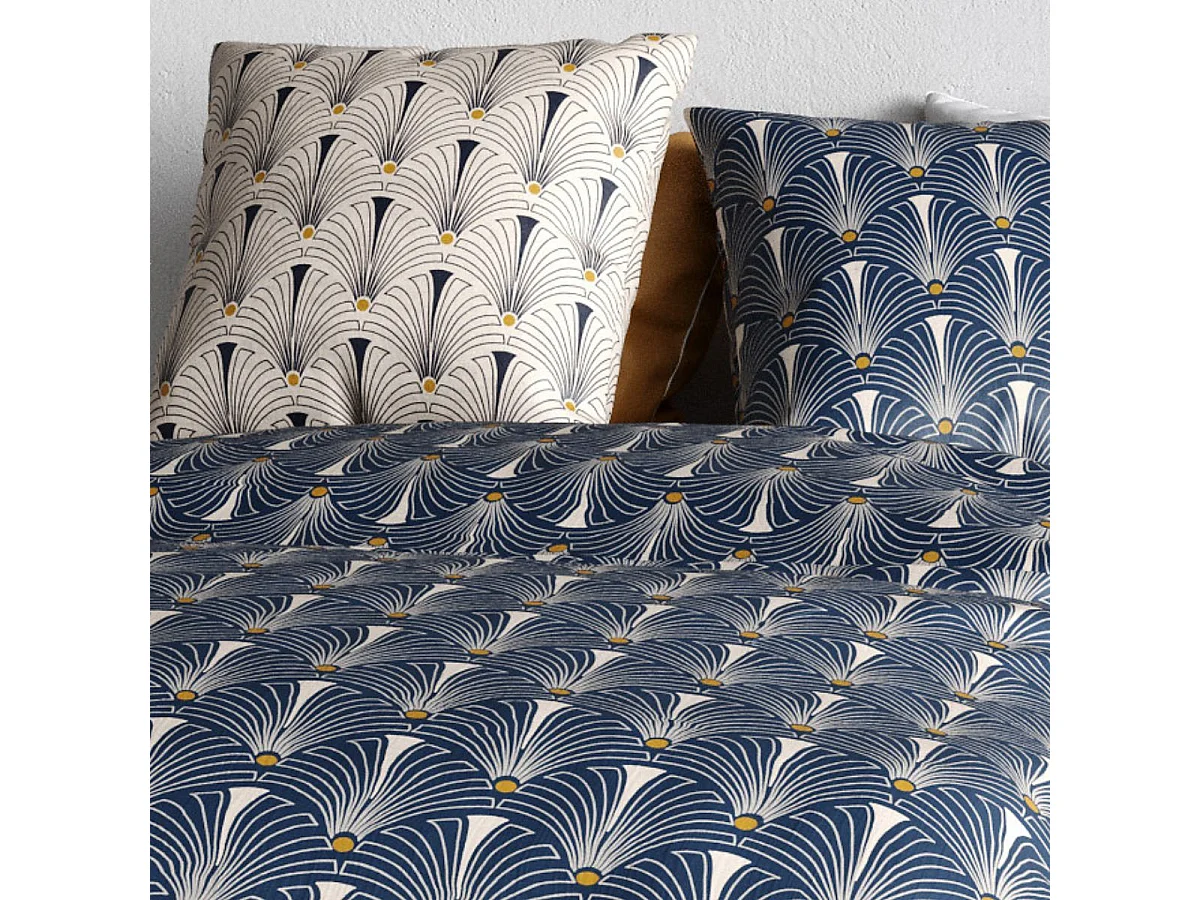 Parure housse de couette 260x240cm + 2 taies motif art-déco bleu et beige 100% coton - RAYEN