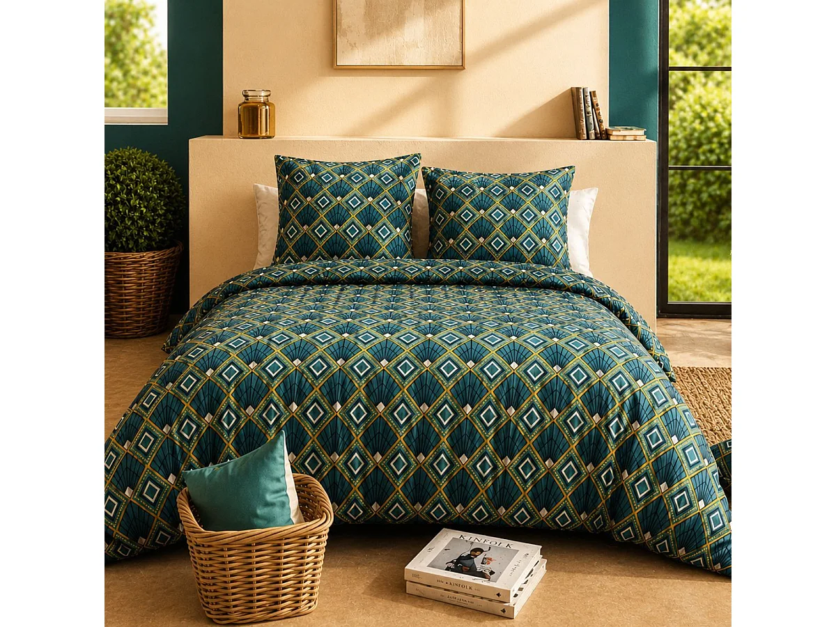 Parure housse de couette 260x240cm + 2 taies motif art-déco bleu et jaune 100% coton - LIRIKA