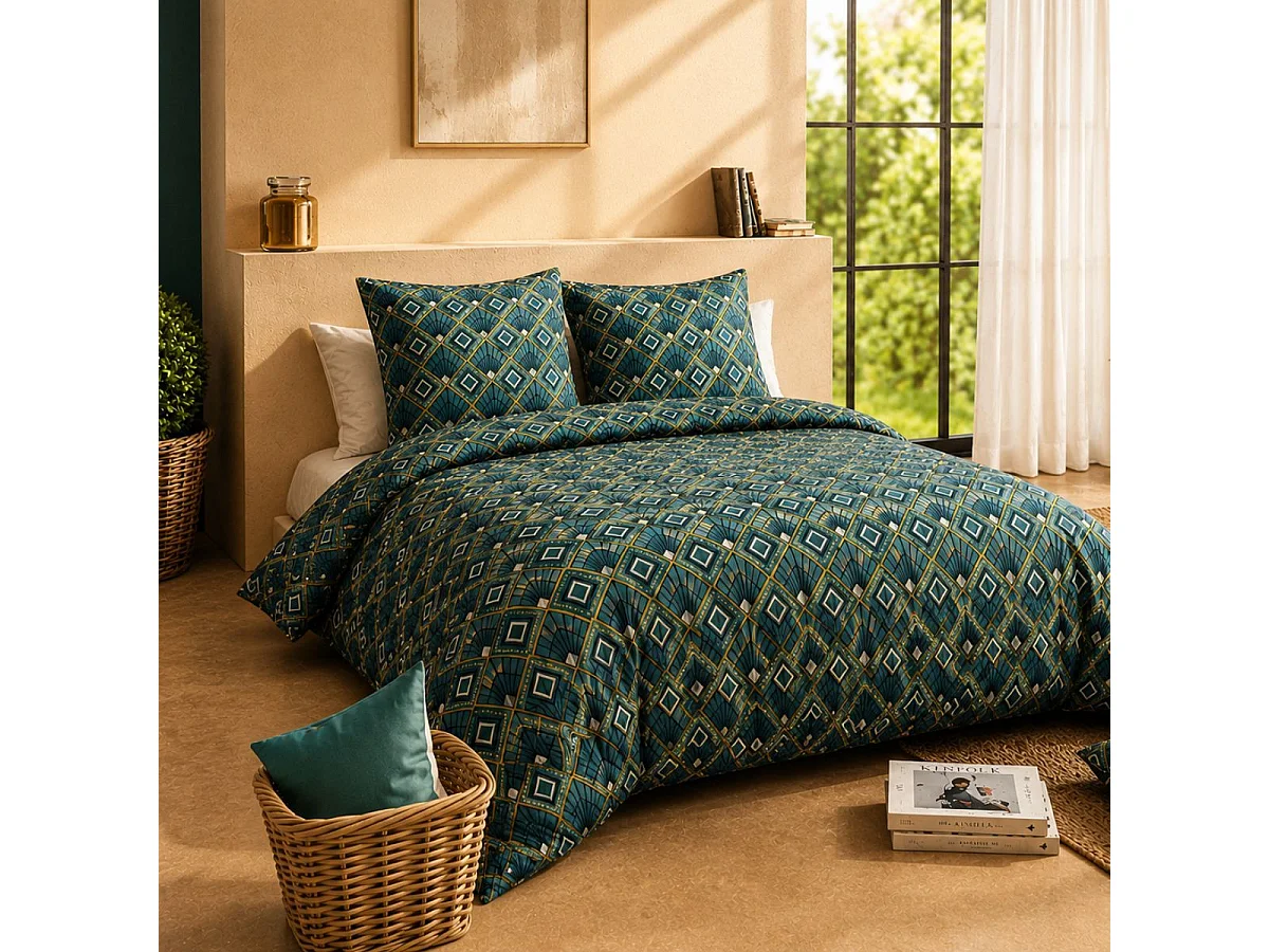 Parure housse de couette 260x240cm + 2 taies motif art-déco bleu et jaune 100% coton - LIRIKA