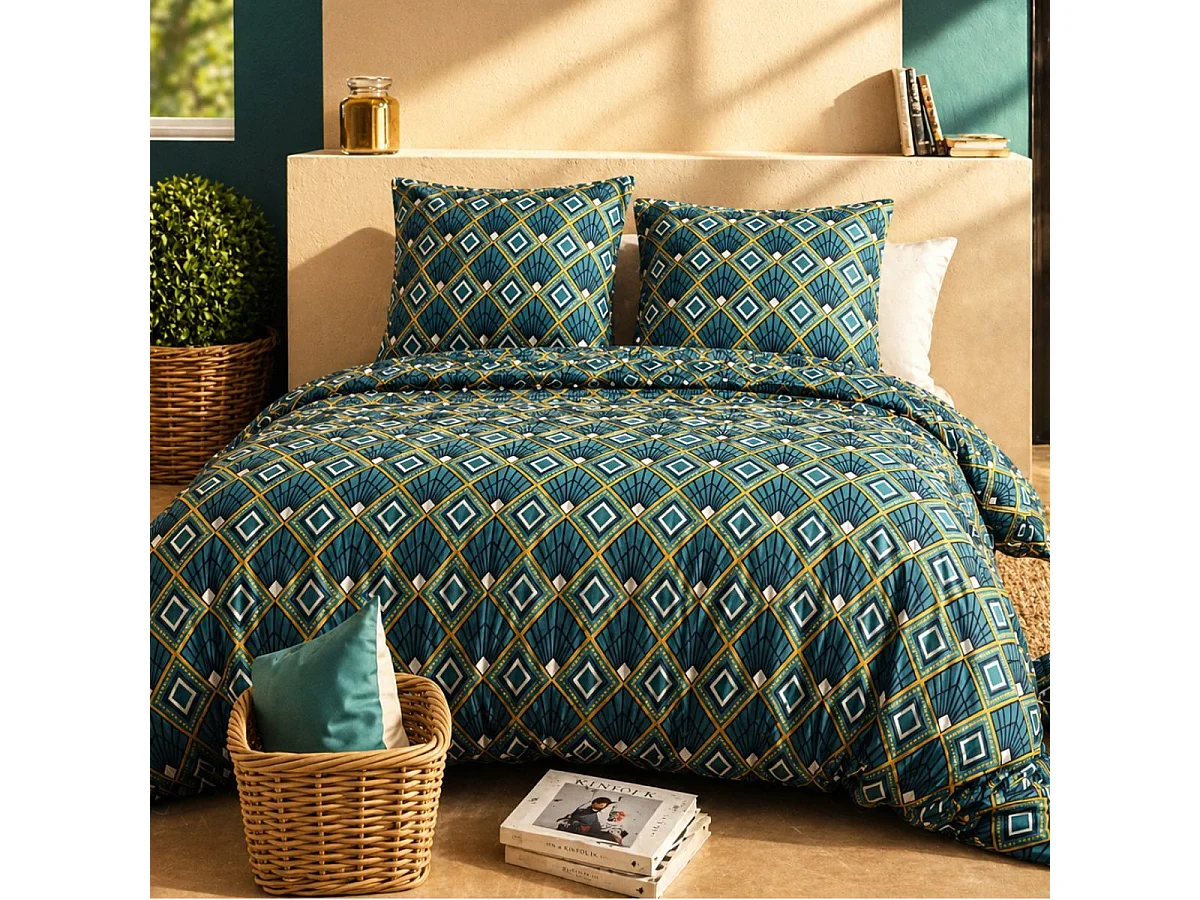Parure housse de couette 260x240cm + 2 taies motif art-déco bleu et jaune 100% coton - LIRIKA