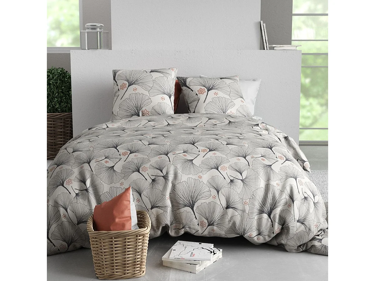 Parure housse de couette 260x240cm + 2 taies motif feuillage ginko gris 100% coton - FREZIA