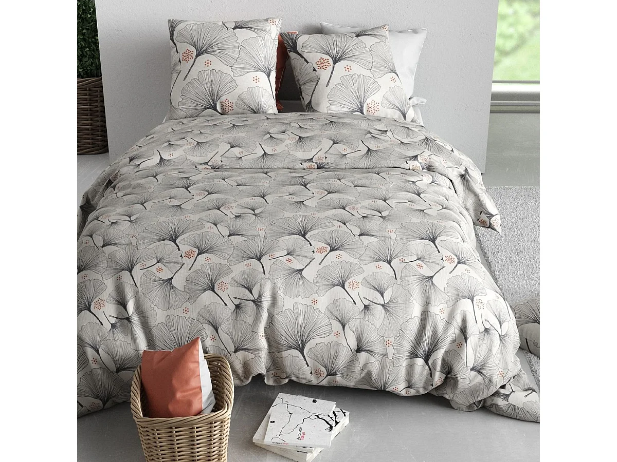 Parure housse de couette 260x240cm + 2 taies motif feuillage ginko gris 100% coton - FREZIA