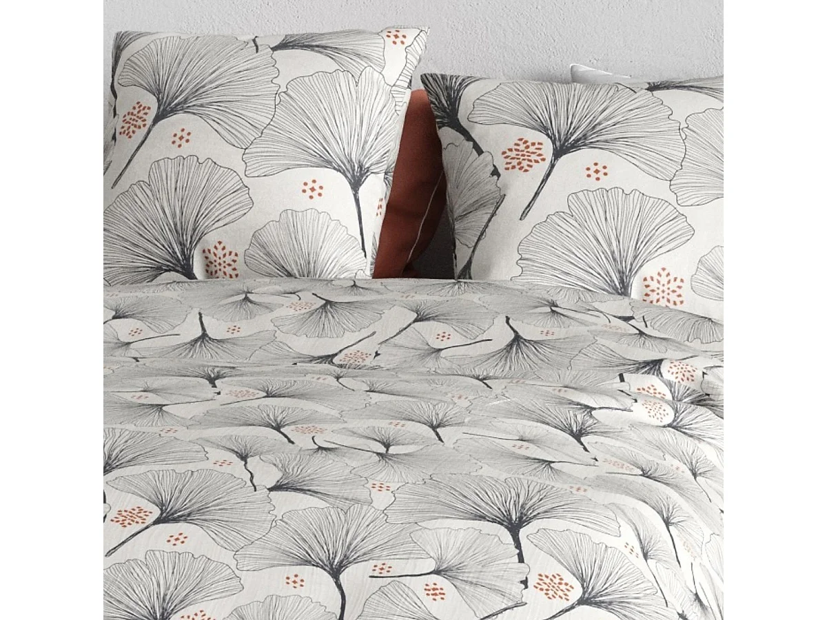 Parure housse de couette 260x240cm + 2 taies motif feuillage ginko gris 100% coton - FREZIA