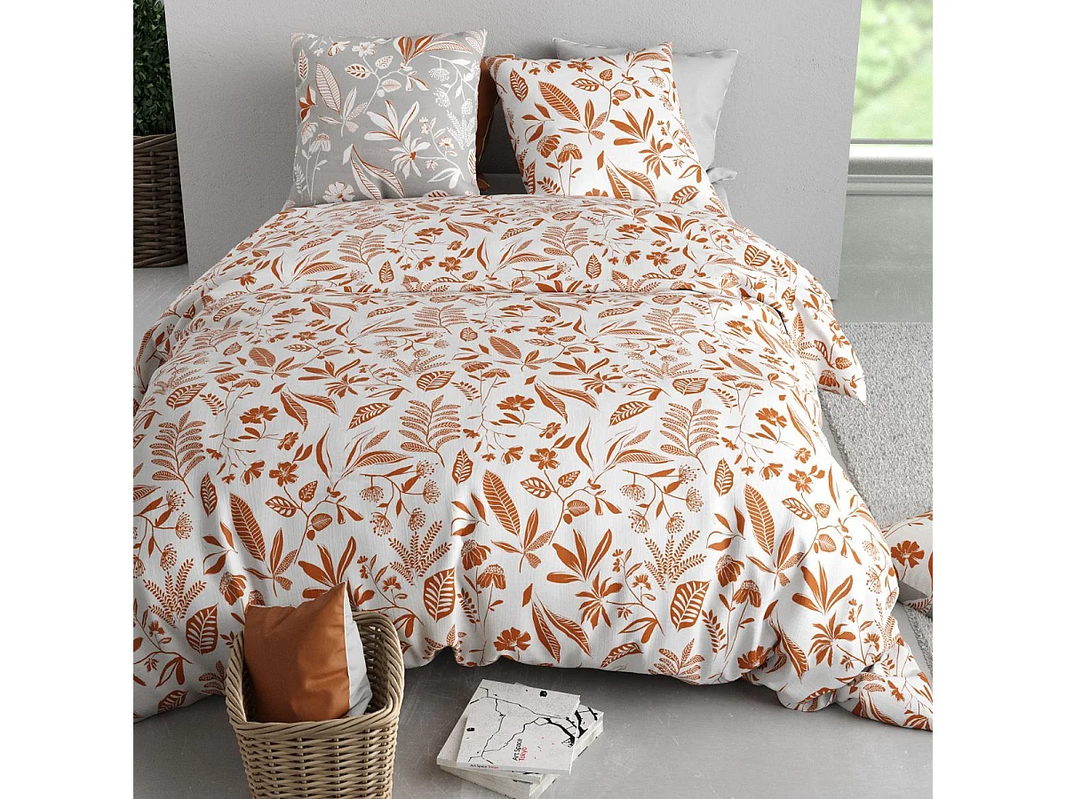 Parure housse de couette 240x220cm + 2 taies motif feuillage blanc et orange 100% coton - AHYLIA