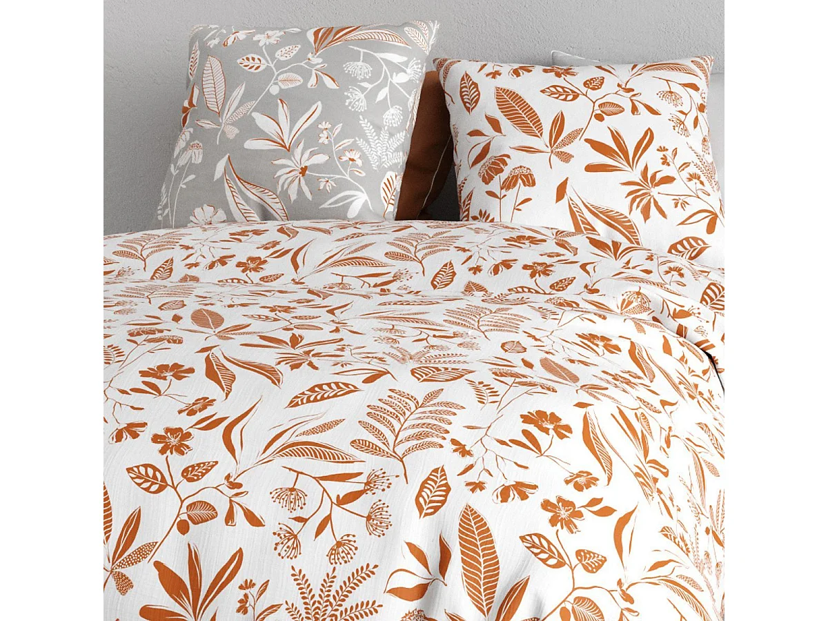 Parure housse de couette 240x220cm + 2 taies motif feuillage blanc et orange 100% coton - AHYLIA