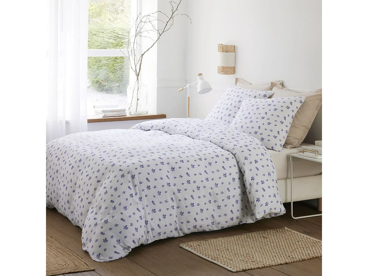 Parure housse de couette 240x220cm + 2 taies motif olivier beige et bleu 100% gaze de coton - ANGUSSE