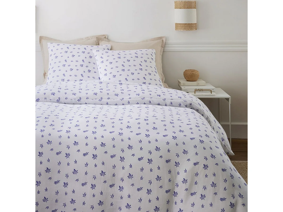 Parure housse de couette 240x220cm + 2 taies motif olivier beige et bleu 100% gaze de coton - ANGUSSE