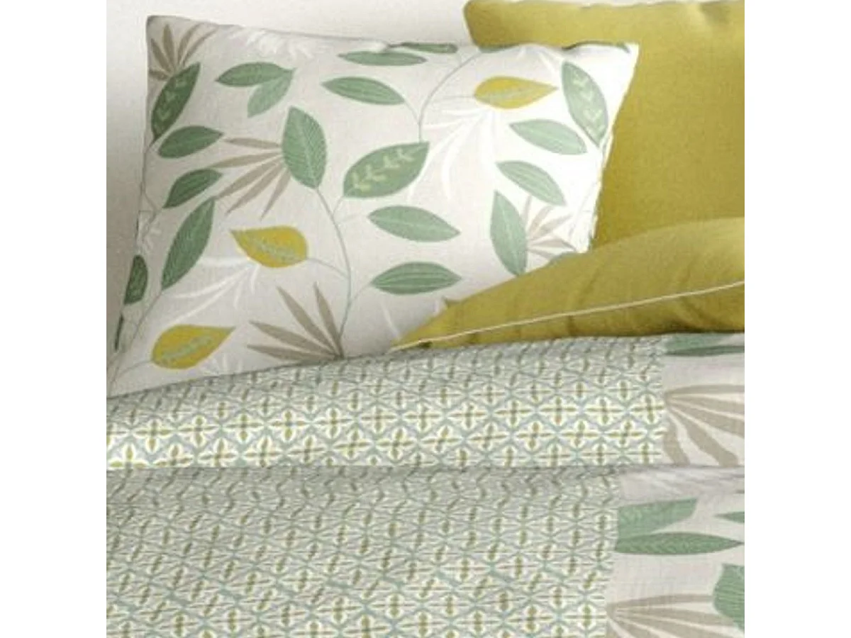 Parure housse de couette 260x240cm + 2 taies motif feuilles vert et jaune 100% coton - EUREKA
