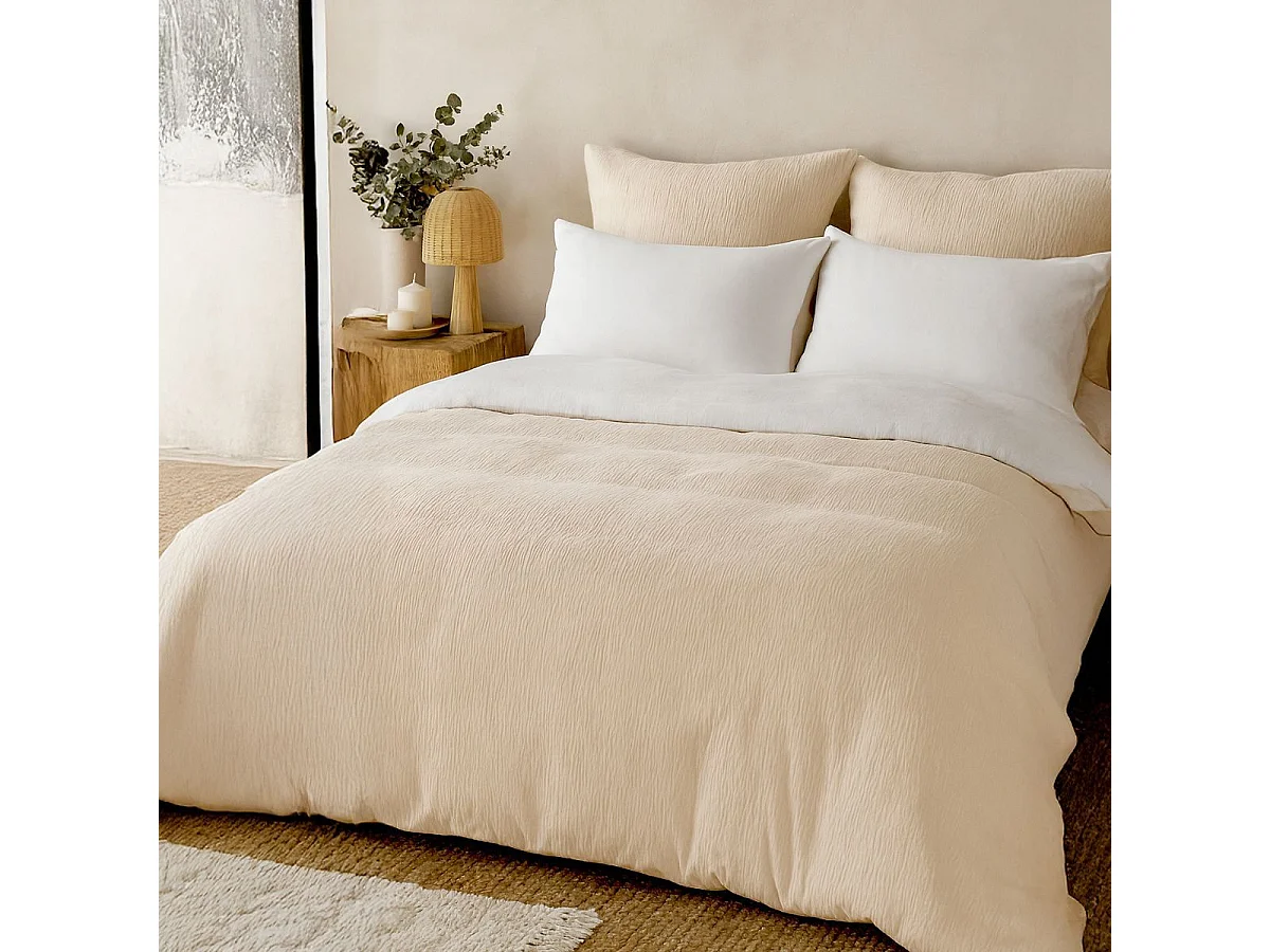 Parure housse de couette 240x220cm + 2 taies 100% gaze de microfibre uni écru - NATHEA