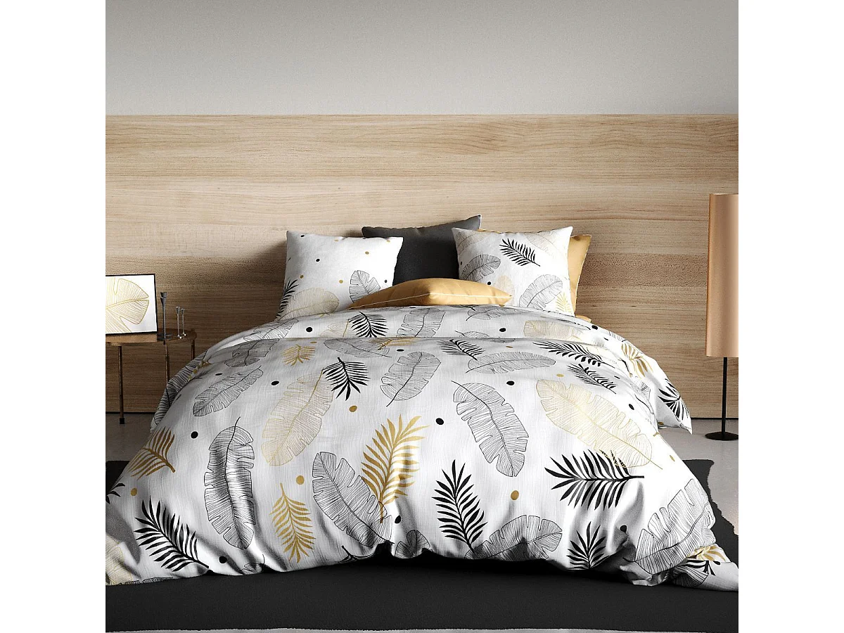 Parure housse de couette 260x240cm + 2 taies motif feuillage blanc, noir et or 100% coton - VOLKIA