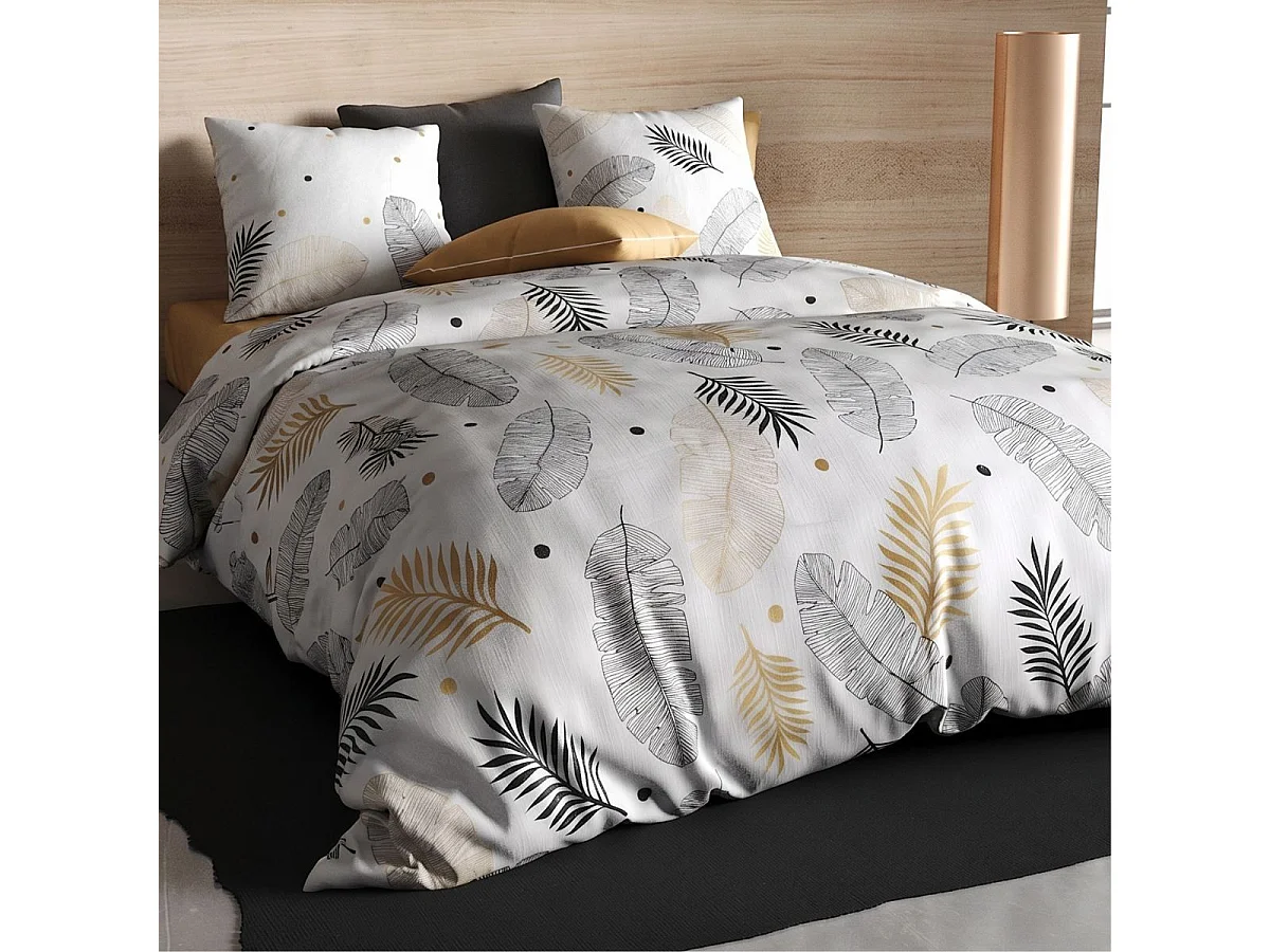 Parure housse de couette 260x240cm + 2 taies motif feuillage blanc, noir et or 100% coton - VOLKIA