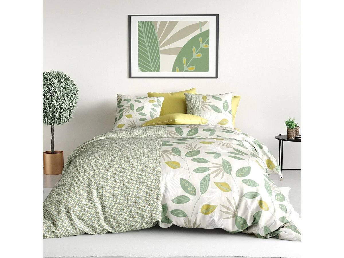 Parure housse de couette 240x220cm + 2 taies motif feuilles vert et jaune 100% coton - EUREKA