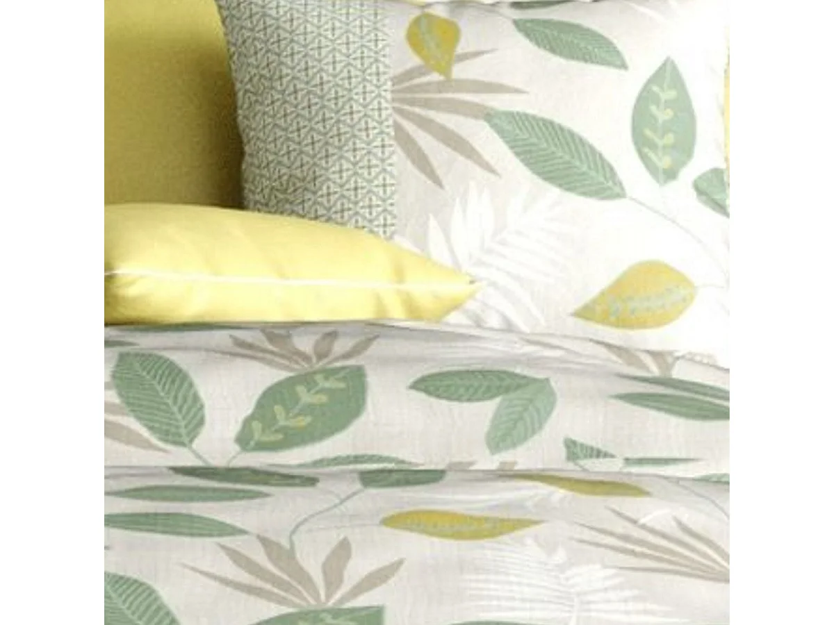 Parure housse de couette 240x220cm + 2 taies motif feuilles vert et jaune 100% coton - EUREKA