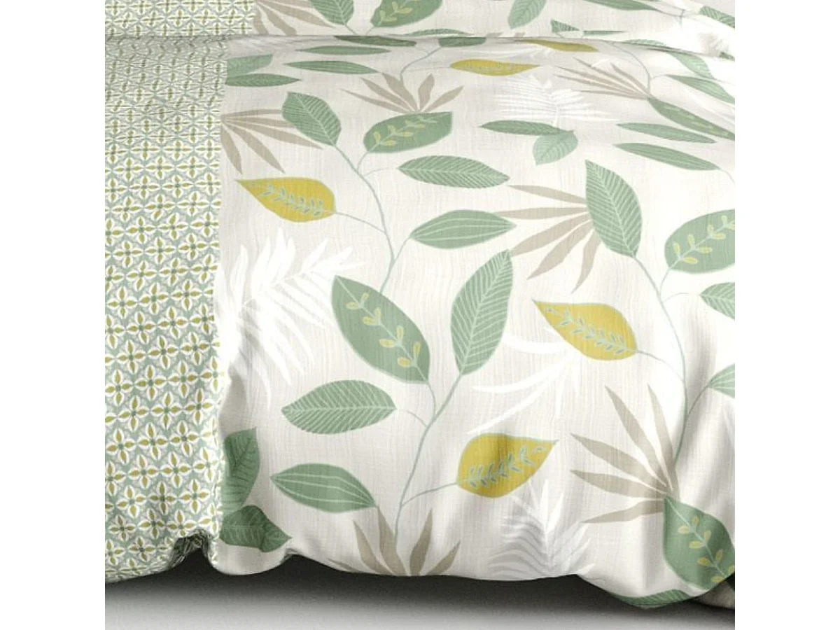 Parure housse de couette 240x220cm + 2 taies motif feuilles vert et jaune 100% coton - EUREKA