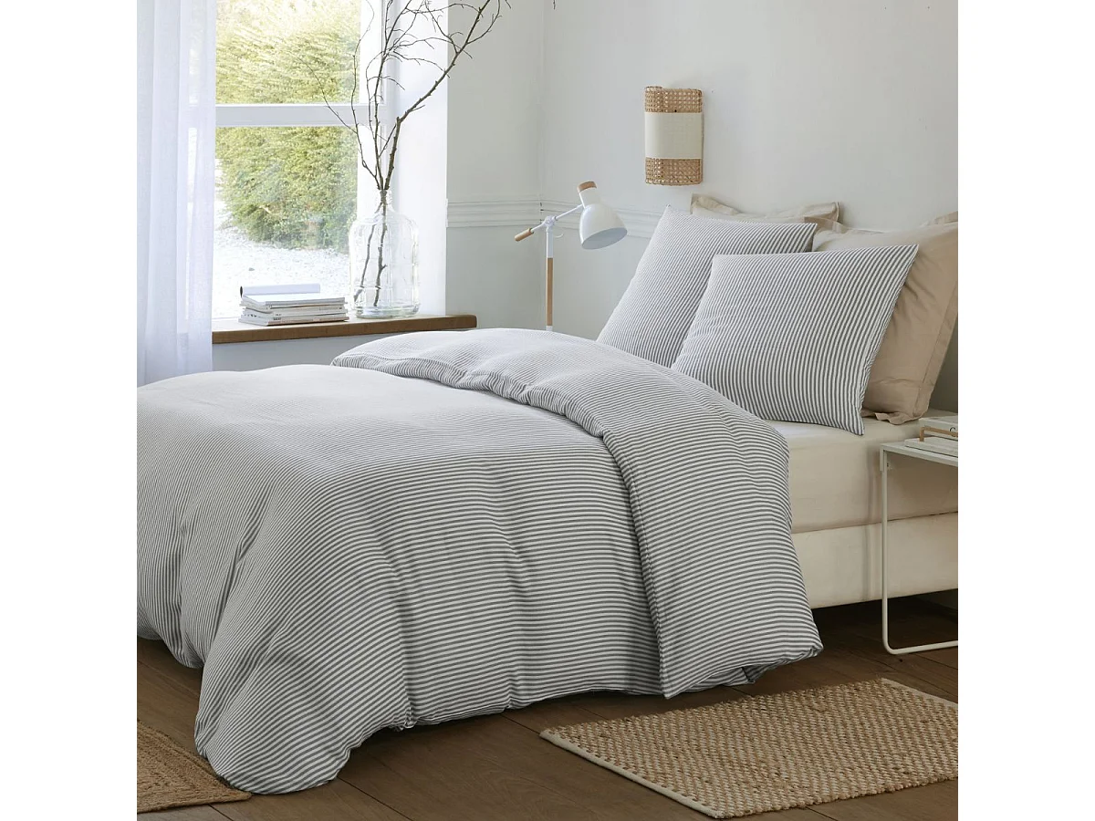 Parure housse de couette 240x220cm + 2 taies motif rayé gris et blanc 100% gaze de coton - ALYANA