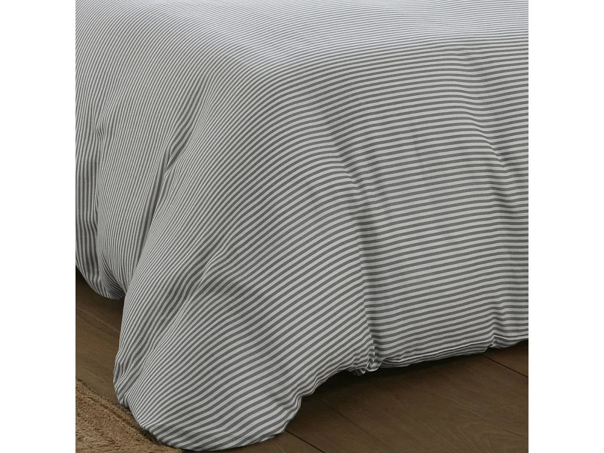 Parure housse de couette 240x220cm + 2 taies motif rayé gris et blanc 100% gaze de coton - ALYANA